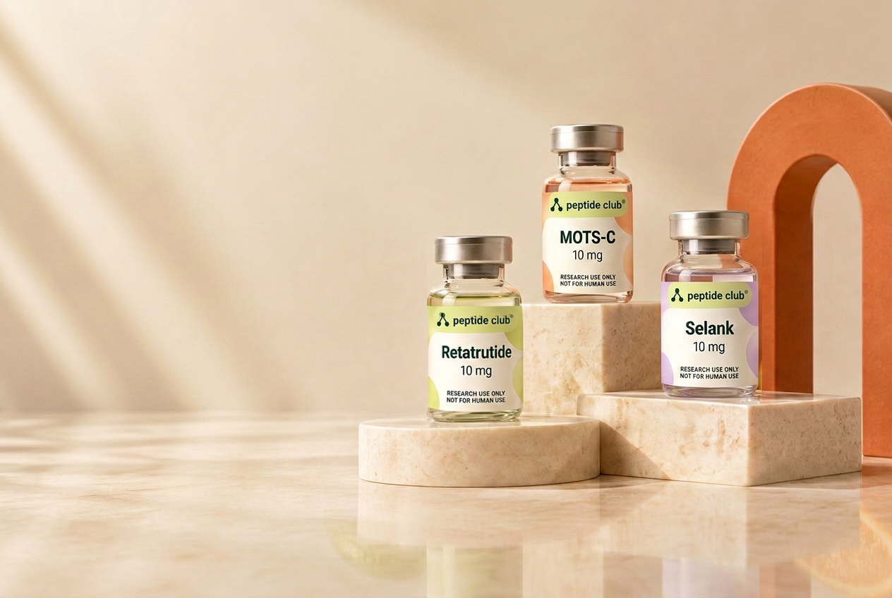 Peptide Club research vials on stone display stands