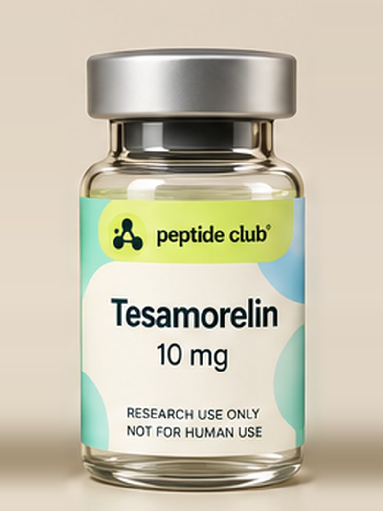 Tesamorelin research vial with peptide club label